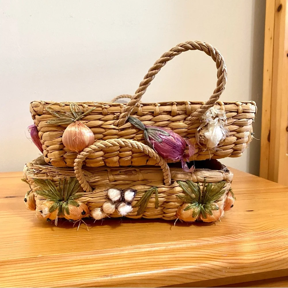 Vintage 50s - 70s Seagrass Basket Set 2 Fruit Fruits & Veggies Rectangle